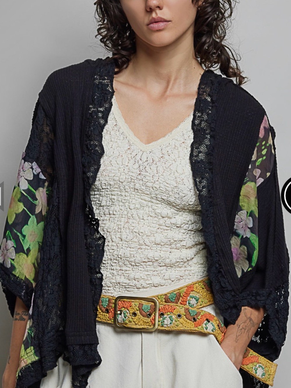 POL Boho Black Floral Lace-Trim Cardi